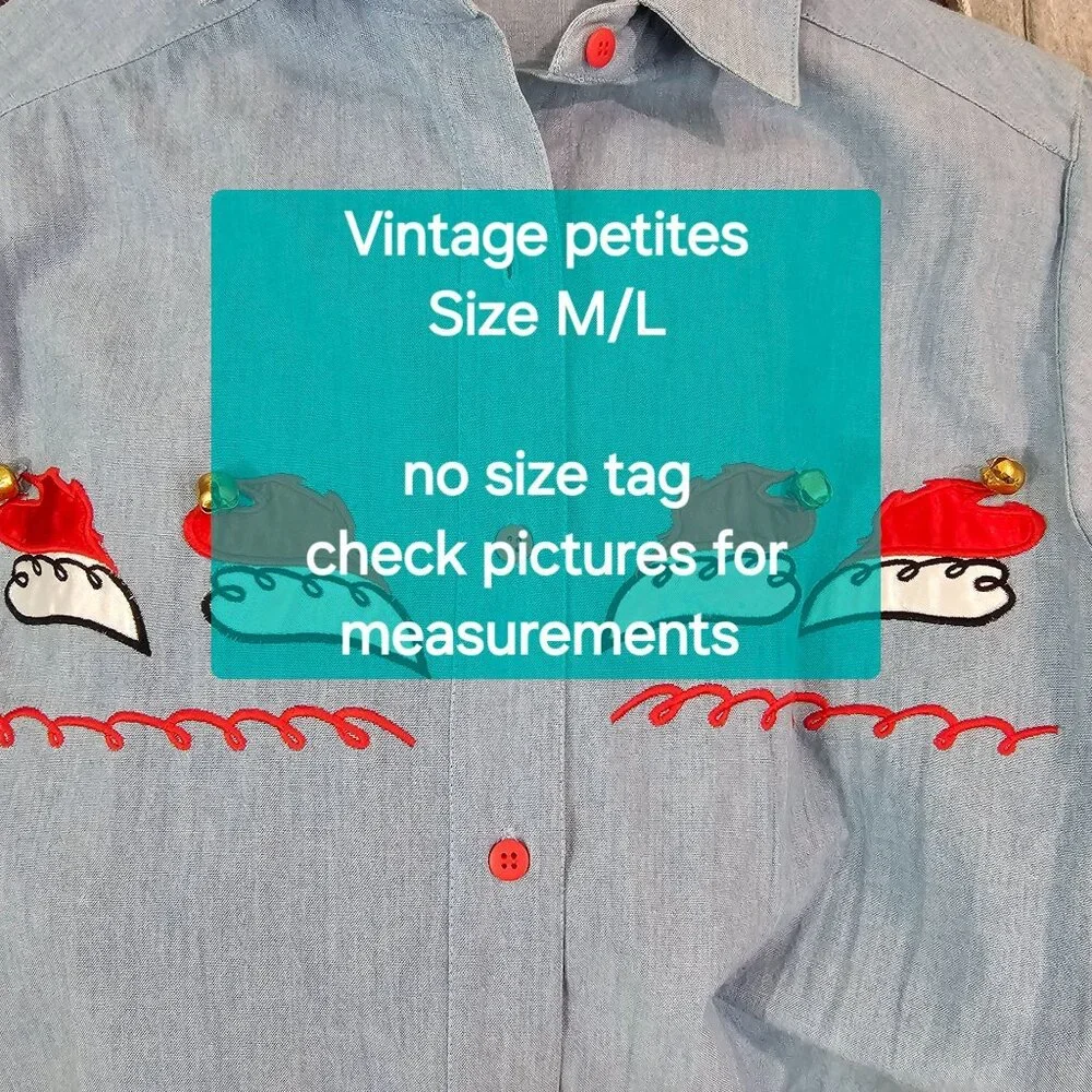 Womens Sz M/L P Blue Cotton Christmas Button Up Shirt Holidays Bells Festive - Picture 12 of 12